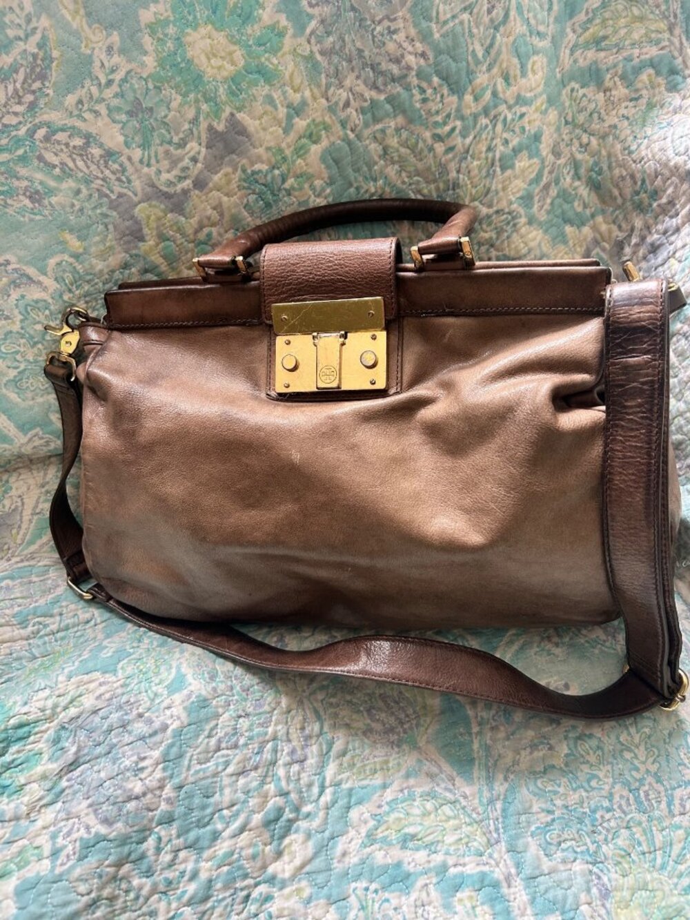 Tory Burch Large Brown Leather Double Handle Satchel Crossbody Bag